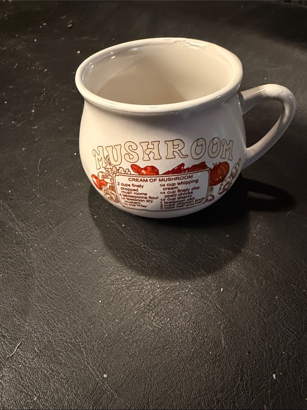 Cream Mushroom Ceramic Recipe Mug - White with Brown Graphics
